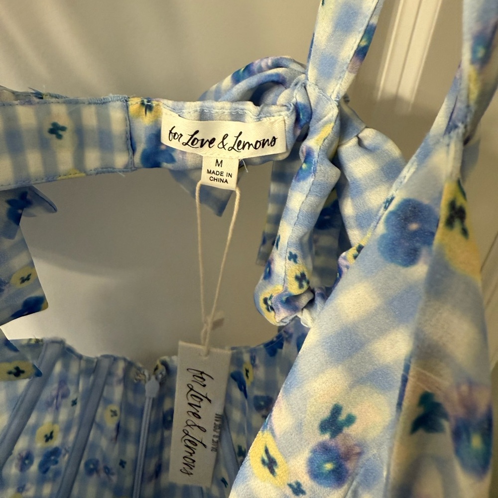 For Love & Lemons Blue Gingham Floral Mini Dress - Picture 4 of 6